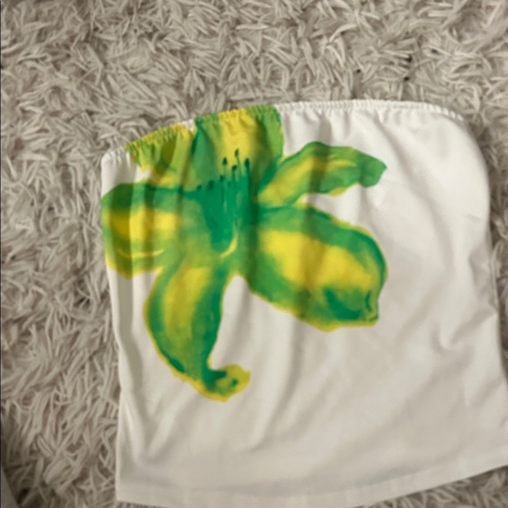 SHEIN White Tube Top with Green and Yellow Floral Design